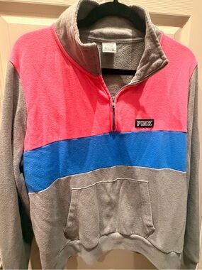 PINK Victoria's Secret Gray, Pink & Blue Colorblock Quarter-Zip Pullover